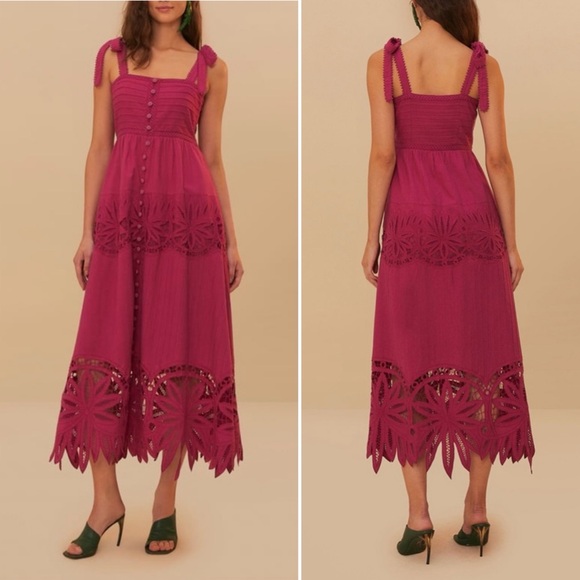 FARM Rio Dresses & Skirts - Farm Rio Daisy Cutwork Embroidered Sleeveless Tie Strap Pink Midi Dress size XS